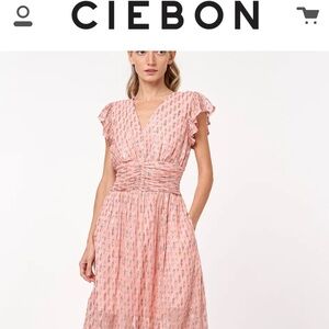 CIEBON NWT Jennsen Ruched Flutter metallic maxi dress size medium.
Item# 0939